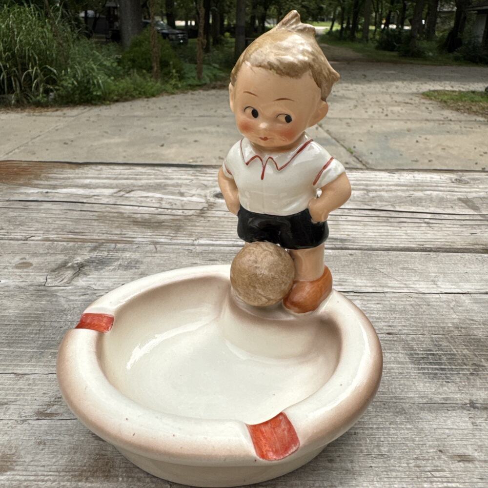Goebel Ceramic Ashtray Boy With Bowling Soccer Volleyball Early Mark